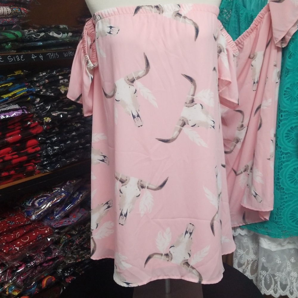 Country Bull Head Feather Cold Shoulder dress - Picture 2 of 2